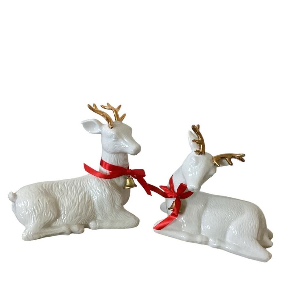 Christmas Deer Vinyage White Set of 2 Resting With Bells 6.5" Long and 6.5" High